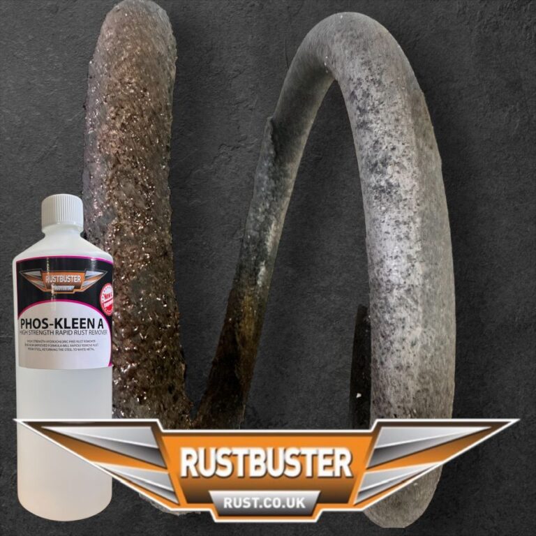 Heavily rusted steel part half cleaned to bare metal with Rustbuster Phos-Kleen A