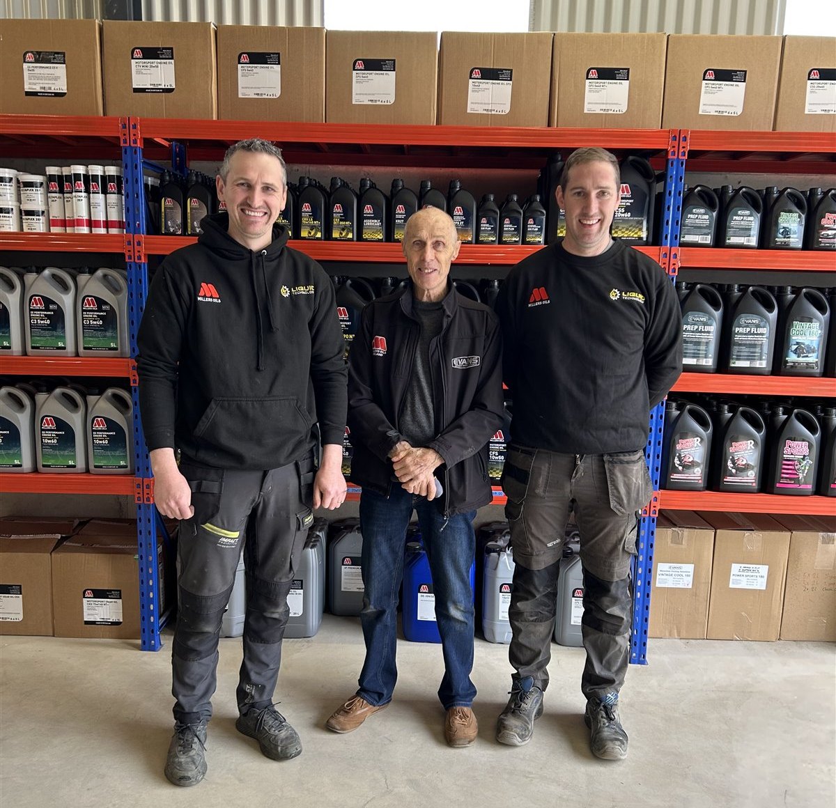 Shane and Tom Stafford with Peter Kendrick in front of Millers Oils stock at Liquid Technology, Co. Wexford