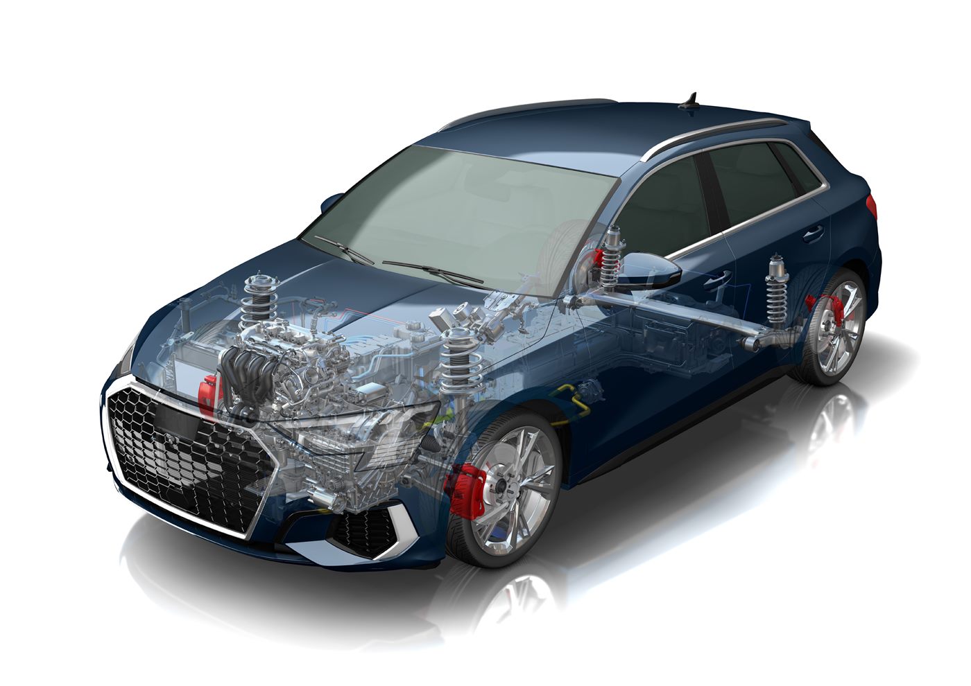 Cutaway of a performance car engine and driveline protected by Millers EE Performance oil