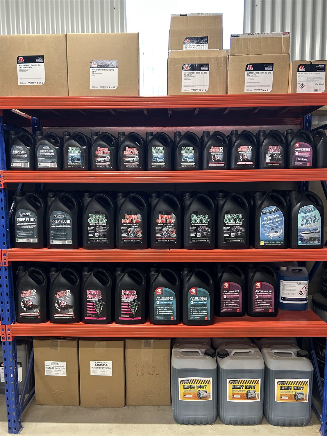 Millers Oils and Evans coolant stock at Liquid Technology’s Irish warehouse