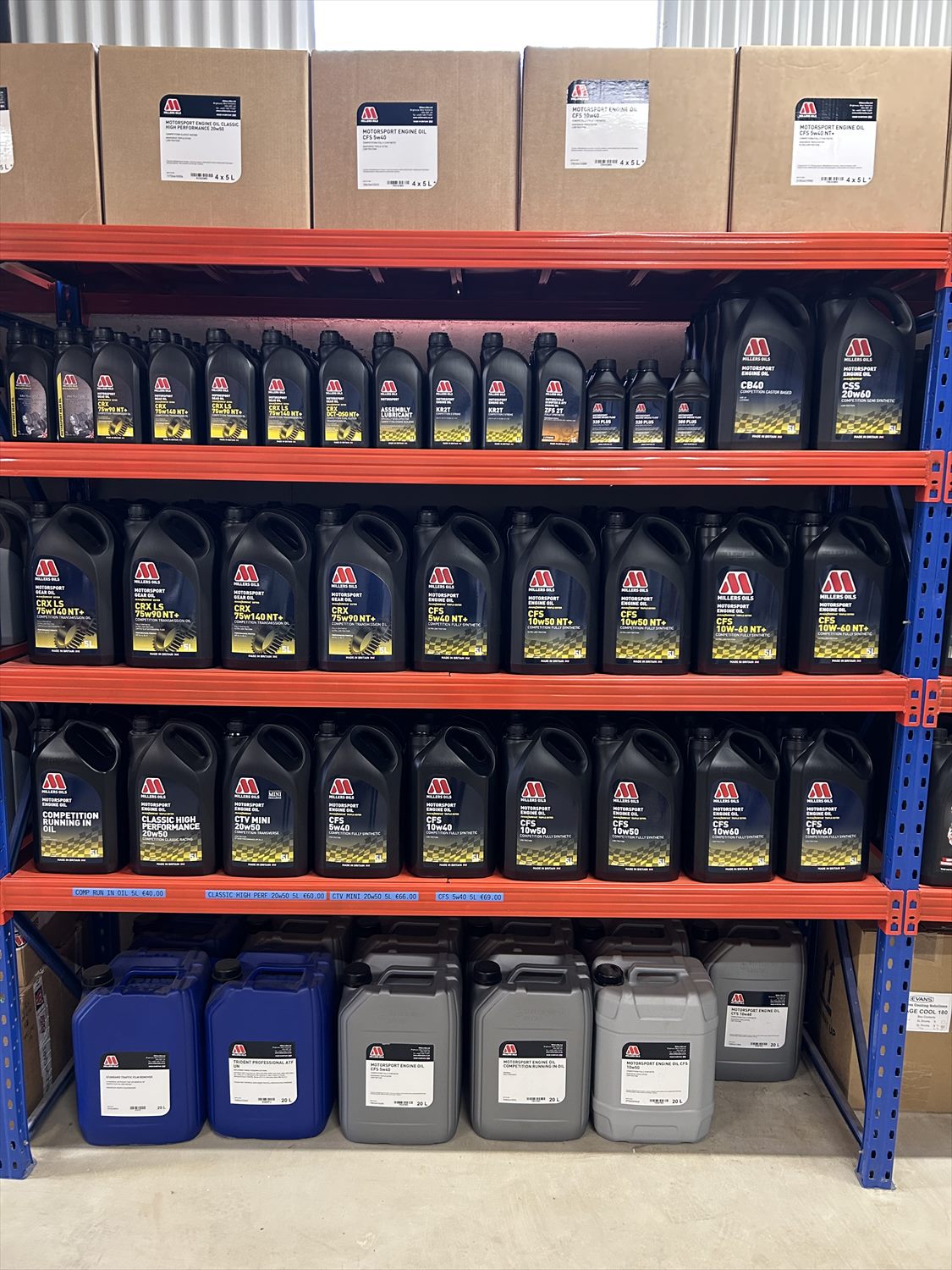 Millers Oils and Evans coolant stock at Liquid Technology’s Irish warehouse