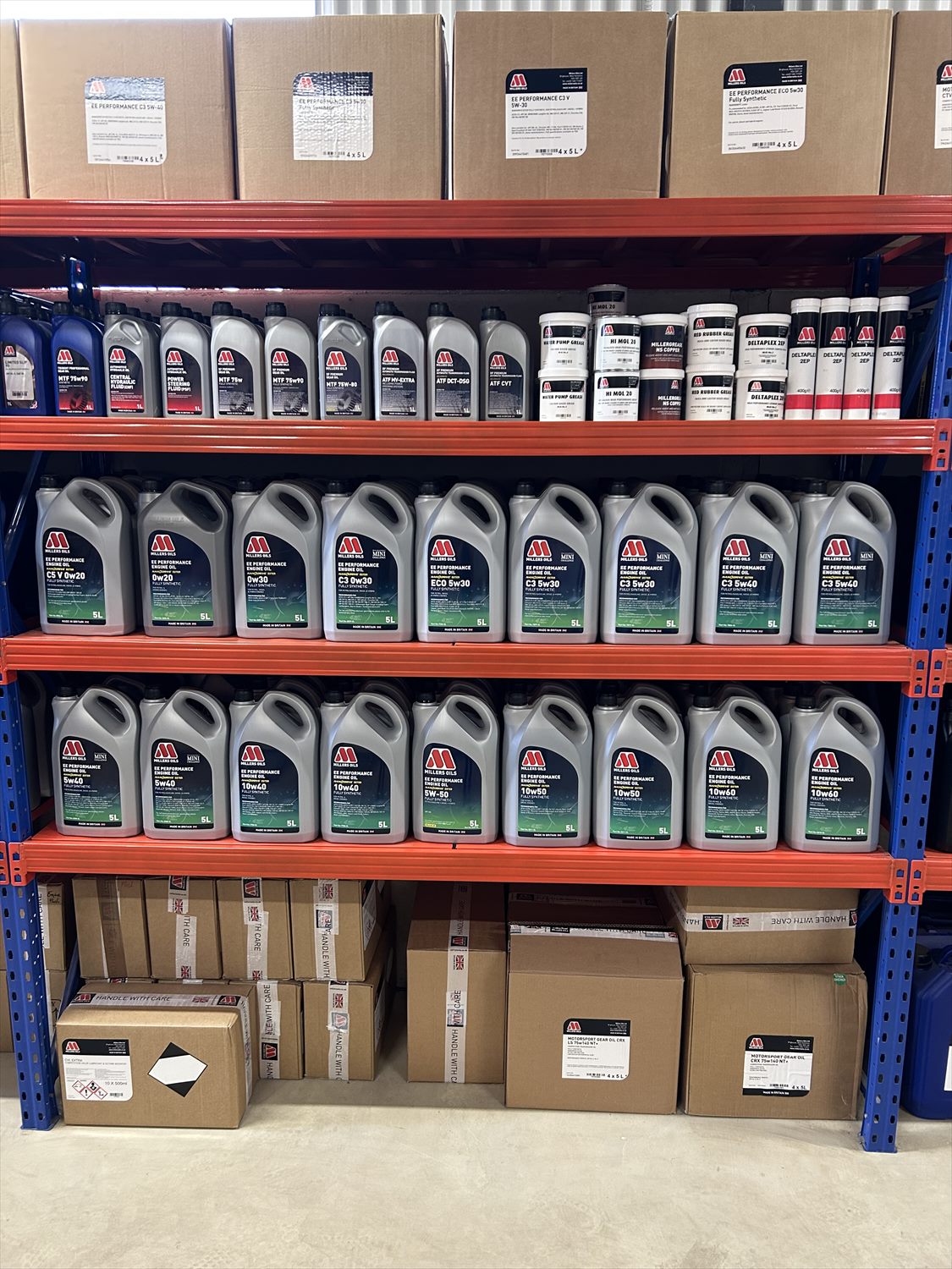 Millers Oils and Evans coolant stock at Liquid Technology’s Irish warehouse