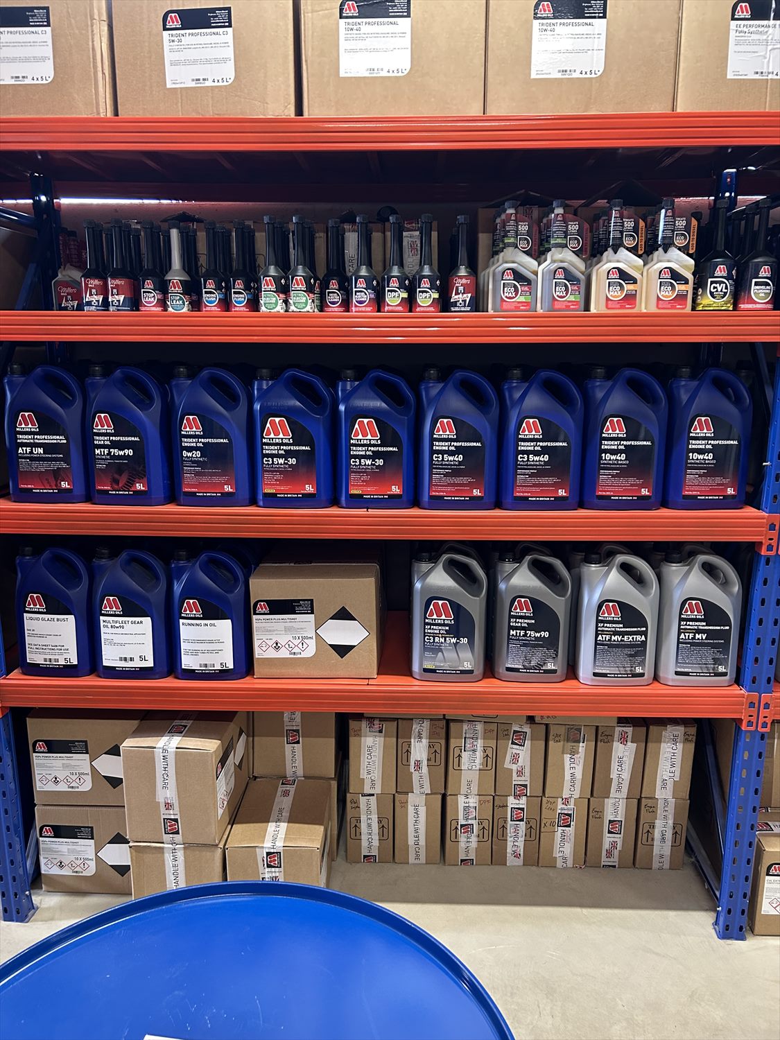 Millers Oils and Evans coolant stock at Liquid Technology’s Irish warehouse