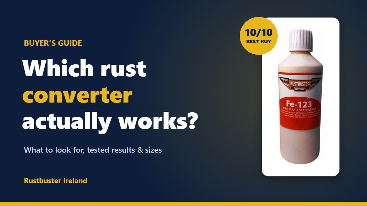 Which rust converter actually works? Buyer's guide banner with Rustbuster FE-123, 10/10 Best Buy