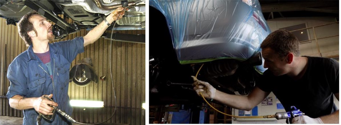 Injecting cavity wax into a car's underbody and sills with an air-powered injection gun and wand