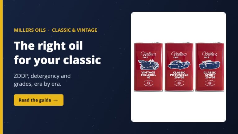 Millers Vintage Millerol 40, Classic Pistoneeze 20W-50 and Classic Sport 20W-50 classic car oils