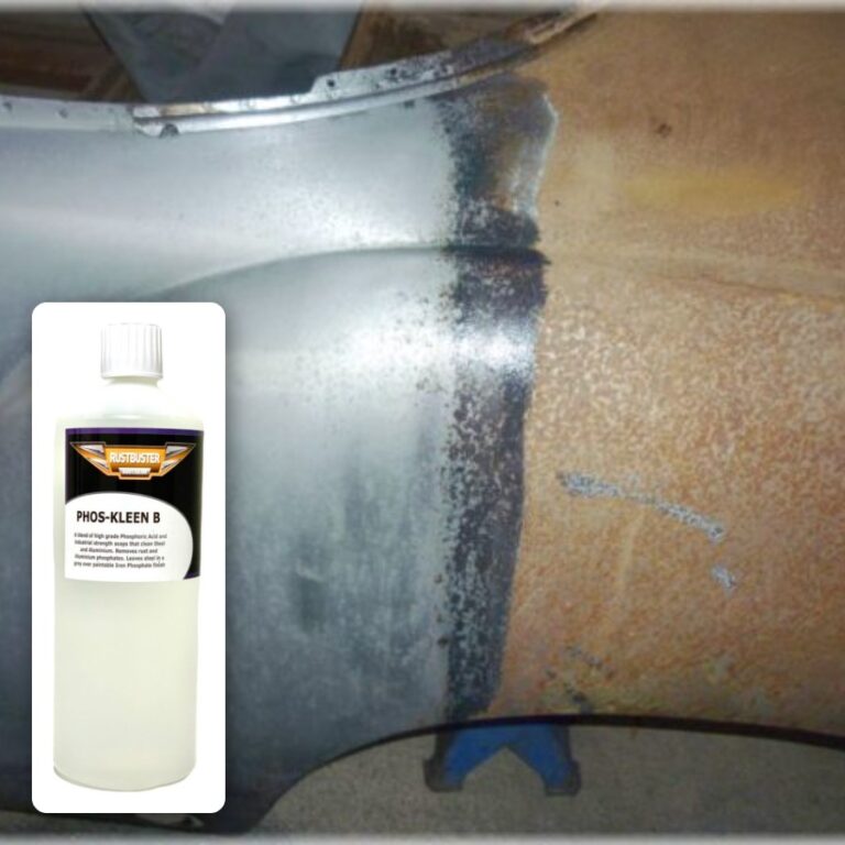 Steel panel half treated with Rustbuster Phos-Kleen B, showing phosphated grey steel beside surface rust