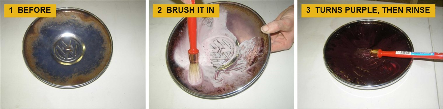 Purple-X removing rust from a chrome hubcap: before, brushing it in, and turning purple