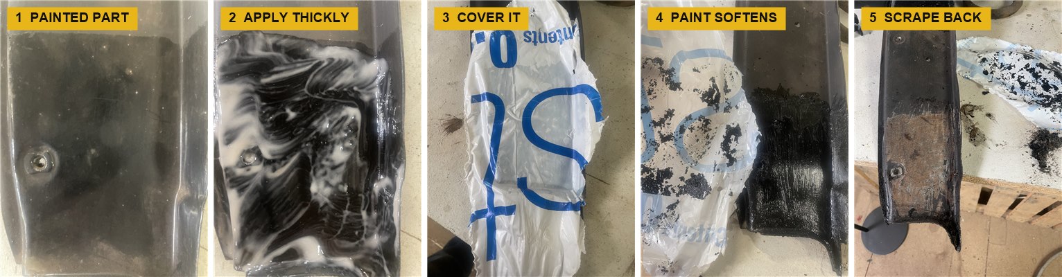 Stripping paint with R10/B1: painted part, applying it thickly, covering it, paint softening and scraping back to metal