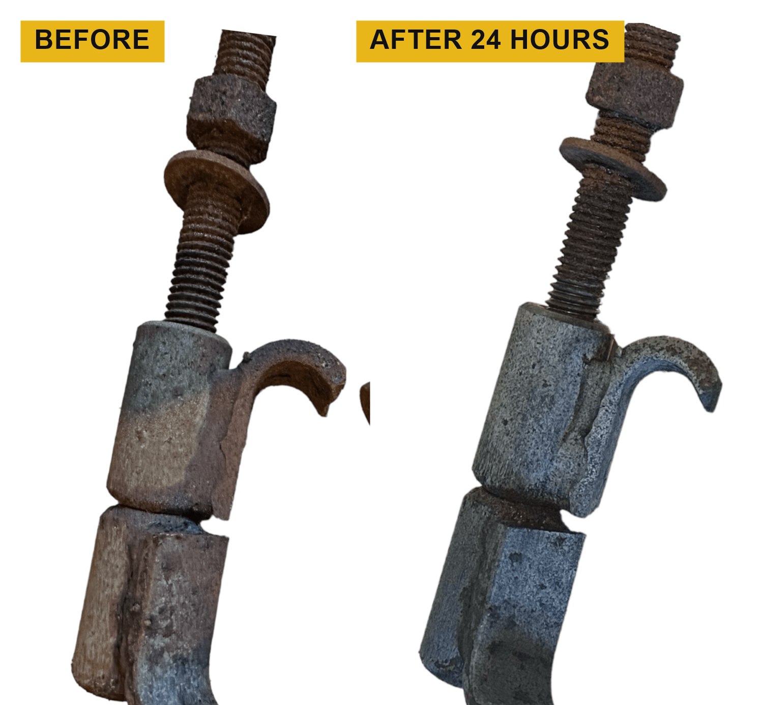 Rusty steel clamp before and after 24 hours in Rustbuster Safer Rust Remover