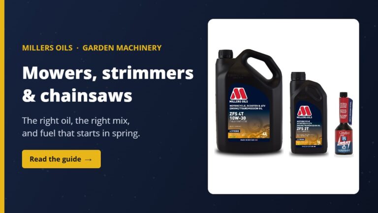 Millers ZFS 4T 10W-30, ZFS 2T and Tank Safe for lawnmowers, strimmers and chainsaws